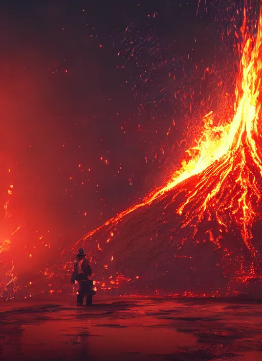 Prompt: Fireman, volcano, flames, light atmosphere, cinematic shot, intricate, ornate, photorealistic, ultra detailed, realistic, 100mm, photography, octane, high definition, depth of field, bokeh, 8k, artstation