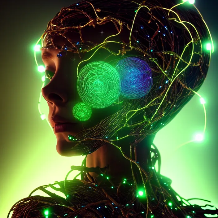 Prompt: female cyborg dryad portrait, entwined by light frequencies and wiring, octane render, universe and stars in the background, dark surreal, light shining through, hyper - realistic, highly detailed, sharp focus, smooth, intricate