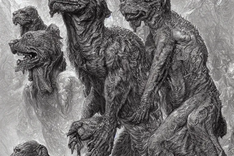 Prompt: cerberus hyperdetailed photo of a cerberus by ed binkley, wayne barlowe, ilya repin, alex horley, johfra bosschart, craig mullins, three head one body, cerberus, details