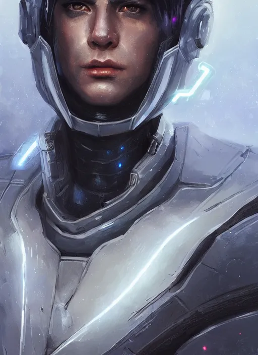 Image similar to portrait of handsome guy in cyber armor, dreamy and ethereal, expressive pose, black eyes, exciting expression, fantasy, intricate, elegant, many lightning, cold color, highly detailed, digital painting, artstation, concept art, cyberpunk wearing, smooth, sharp focus, led, illustration.