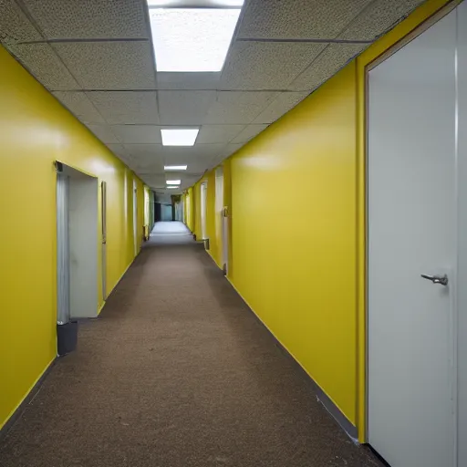 Prompt: abandoned rural offices, uneven hallways, uneven flooring, fluorescent lighting, pale yellow walls with slightly darker yellow stripes