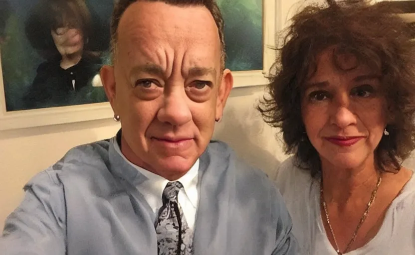 Image similar to my aunt look like Tom Hanks if he was a woman lol, close-up, uncomfortable, phone quality, camera flash on, viral photo, viral on instagram