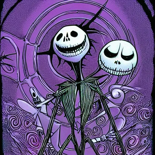 Image similar to “ a nightmare before christmas, jack skellington dances with sally, future world, art style by philippe caza, award winning concept art, highly detailed rendering. ”