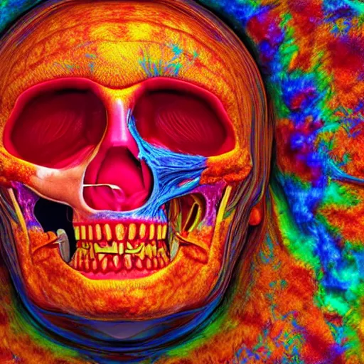 Image similar to insides of an opened human head turn into a huge coloured power explosion, hyperrealistic medical photo, anatomically correct, realistic textures, 8 k,