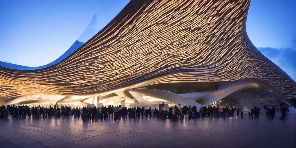 Image similar to extremely detailed ornate stunning sophisticated beautiful elegant futuristic museum exterior by Zaha Hadid, stunning volumetric light, beautiful sunset, tail lights