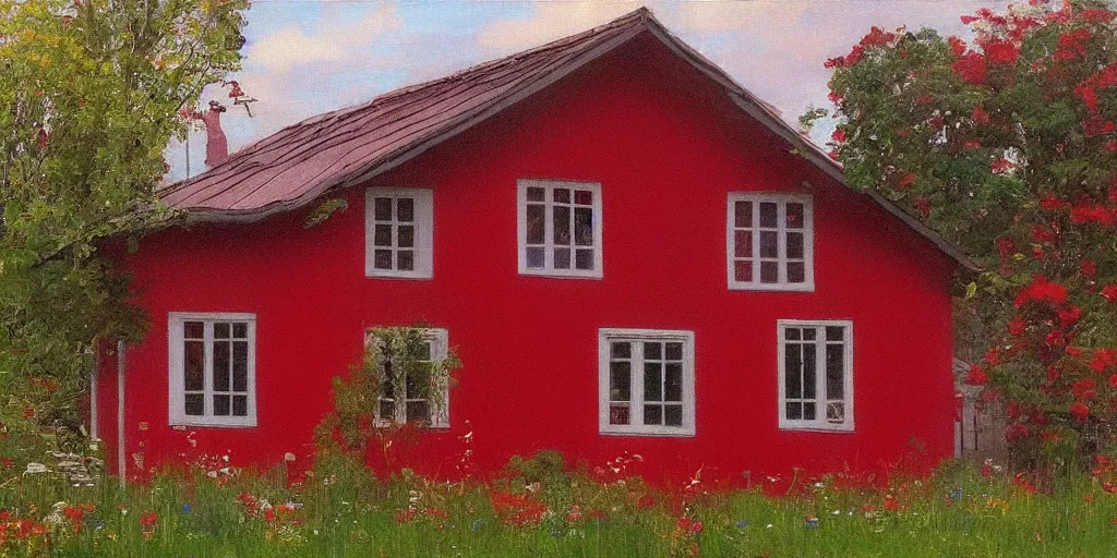 Image similar to a swedish red cottage in the style of ilya repin