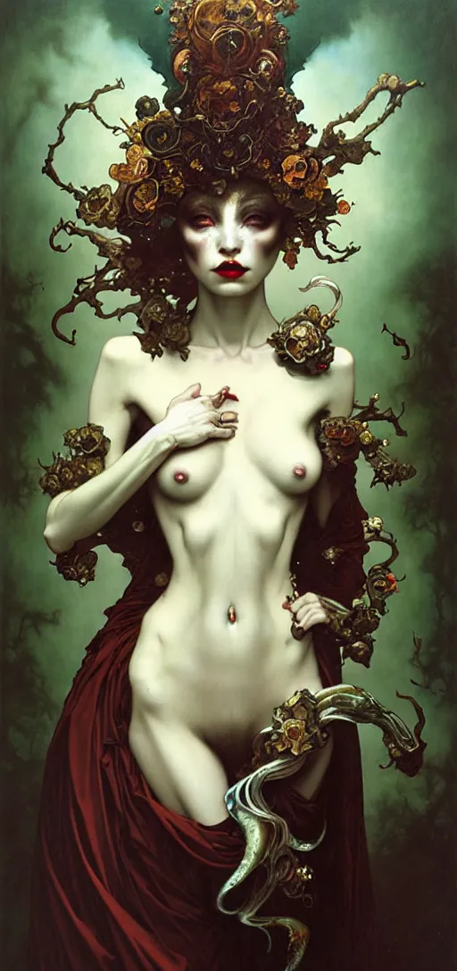 Image similar to baroque oil painting of full body vampire princess portrait, by nekro, peter mohrbacher, alphonse mucha, brian froud, yoshitaka amano, kim keever, victo ngai, james jean