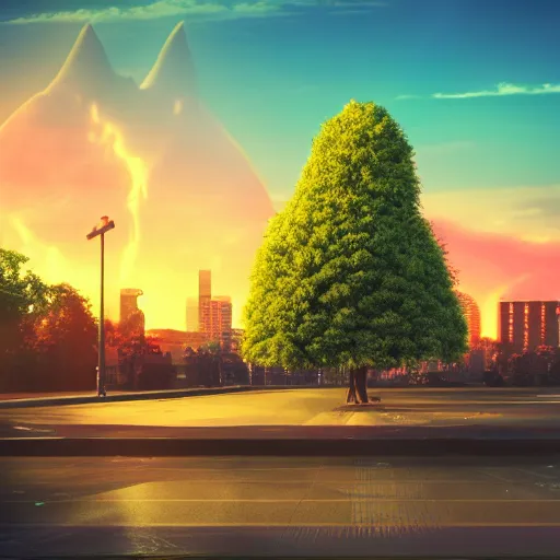 Prompt: synthwave, giant futuristic tree in the middle of the city, sunset, sharp, 4k, 2D