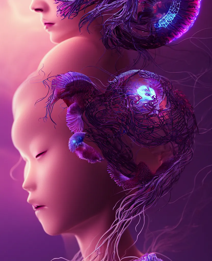 Image similar to goddess close-up portrait. orchid jellyfish phoenix head, nautilus, skull, betta fish, bioluminiscent creatures, intricate artwork by Tooth Wu and wlop and beeple. octane render, trending on artstation, greg rutkowski very coherent symmetrical artwork. cinematic, hyper realism, high detail, octane render, 8k