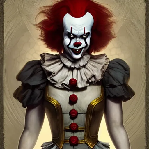 Prompt: an epic fantasy comic book style full body portrait painting of pennywise. d & d. fantasy. intricate. elegant. highly detailed. digital painting. artstation. concept art. matte. sharp focus. illustration. art by artgerm and greg rutkowski and alphonse mucha