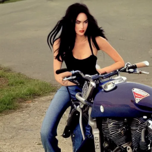 Image similar to young megan fox on a a motorcycle, highly realistic