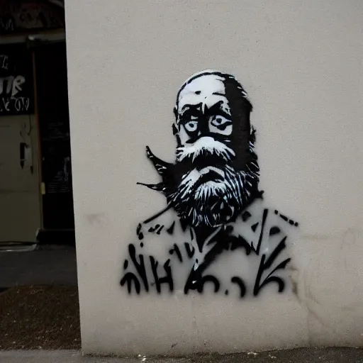 Image similar to banksy bearded graffiti, real life, sharp focus