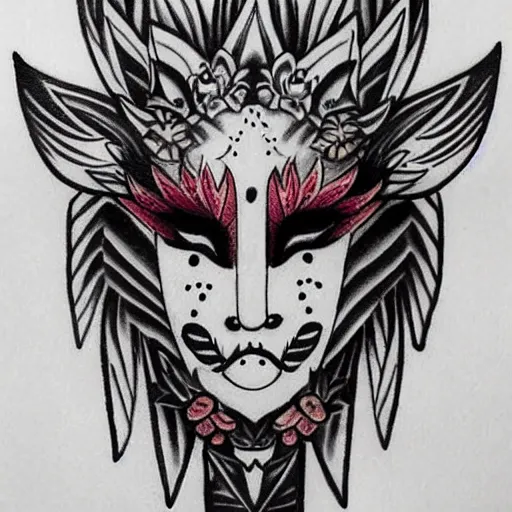 Image similar to a girl with a kitsune mask, drawing for a neotraditional tattoo design,