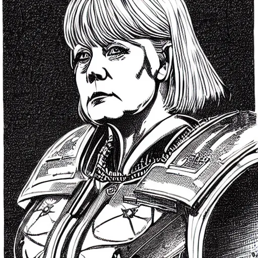 Image similar to a beautifully detailed warhammer 4 0 k portrait of angela merkel. pen and ink by moebius.