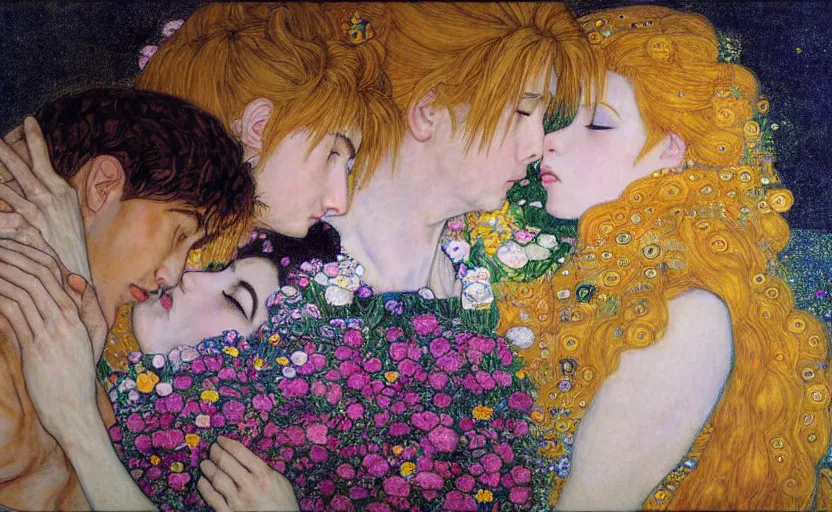 Image similar to cloud strife kissing aerith gainsborough, the kiss, gustav klimt, oil painting