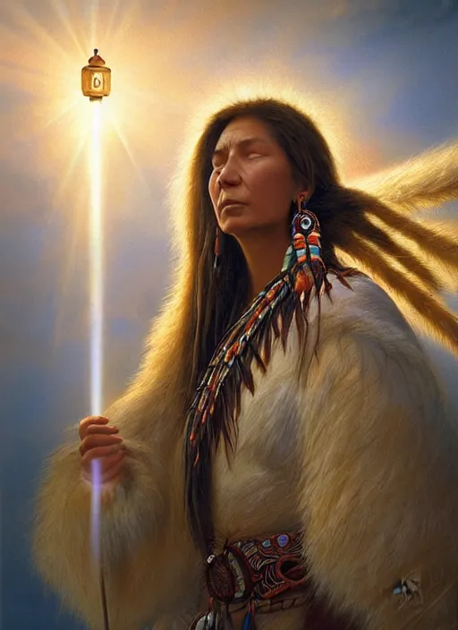 Image similar to a beautiful closeup portrait of an indigenous female shaman receiving particles of loving light energy, god rays, matte painting, designed by dr seuss and michal karcz, by christophe vacher