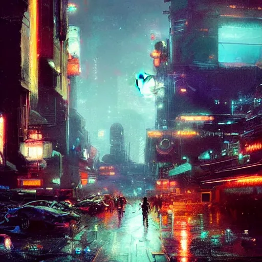 Image similar to a rundown futuristic city scene at night with neon lights and the moon high in the sky and raining, sci fi splash art by craig mullins, greg rutkowski