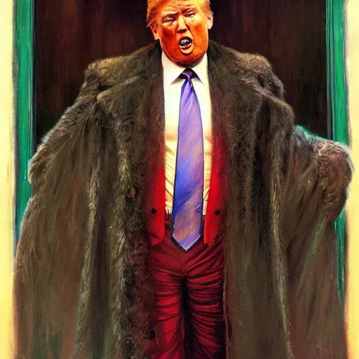Image similar to full length portrait of huge donald trump dressed as gangster, new york, painted by lawrence alma tadema, zdzislaw beksinski, norman rockwell, jack kirby, tom lovell, greg staples