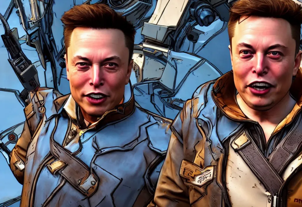 Image similar to elon musk in borderlands elon musk in the video game borderlands, gameplay screenshot, close up, 3 d rendering. unreal engine. amazing likeness. very detailed.