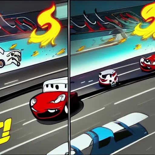 Image similar to a before and after shot of a cartoon car accident, hd cinematic cartoon,