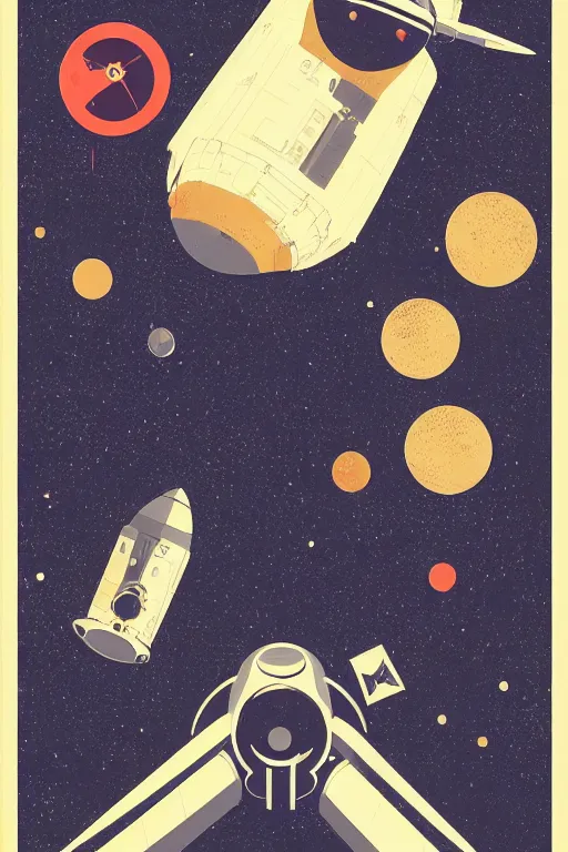 Prompt: poster art, movie poster, retrofuturism, sci - fi, textured, paper texture, the expanse by edward valigursky, saul bass and paul rand, spaceship, space station, outer space