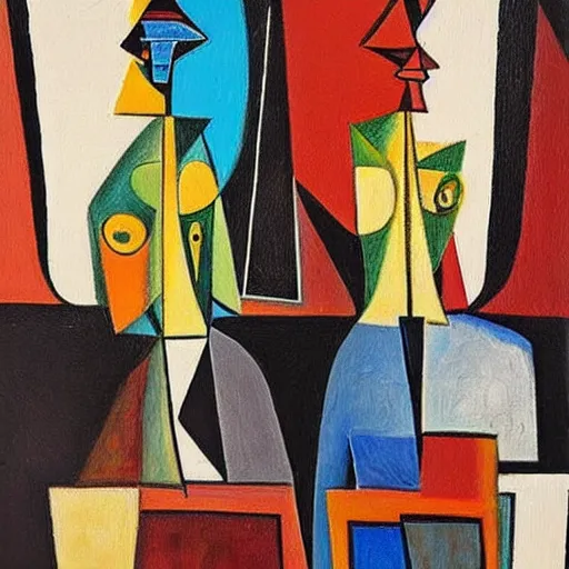 Prompt: “an abstract painting of two detailed, symmetrical! beautiful men, one man is blond, the other man has dark hair, sitting far apart in an empty gate at the airport, on both sides of an empty row of chairs, reading thick old books. In the style of picasso, futuristic, a sense of melancholy”