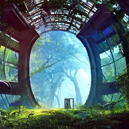 Image similar to stairs leading to a derelict portal in a middle of a lush futuristic forest, alien world seen through a portal, daylight, cinematic lighting, blue sky, syd mead, john harris