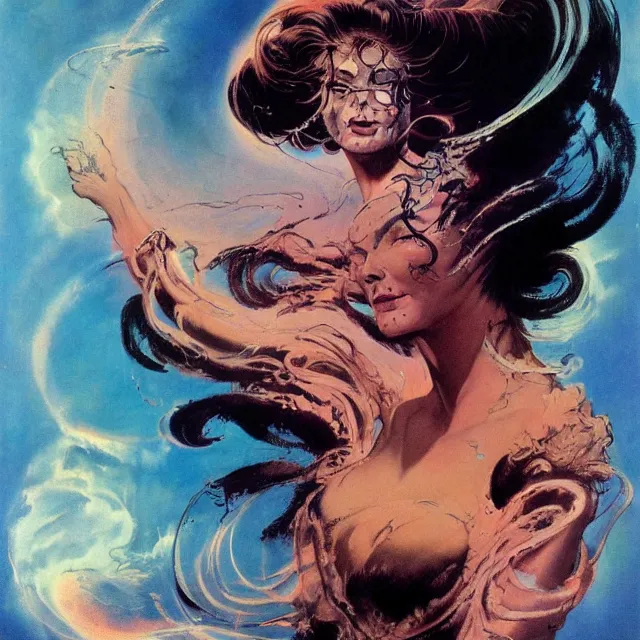 Image similar to portrait of a woman with swirling hair and fractal skin by frank frazetta, retrofuturism, psychedelic art reimagined by industrial light and magic