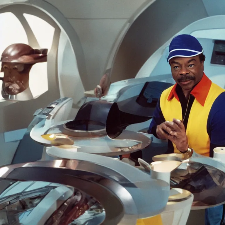 Image similar to levar burton wearing retro visor and frisbees and plastic mixing bowls on his head on the starship enterprise