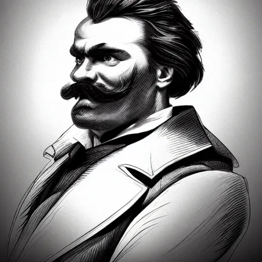 Image similar to the ultimate gigachad, incredibly muscular Friedrich Nietzsche, Friedrich Nietzsche with chiseled jawline, Character Illustration, Comic Art, trending on artstation