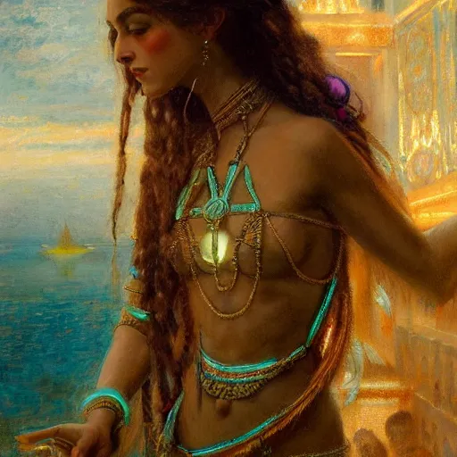 Image similar to artstation, intricate detail, portrait by gaston bussiere, tan skin, lady of elche, egyptian sumerian features, techno mystic dominatrix goddess intergalactica inanna with aqua neon rapunzel dreadlocks,