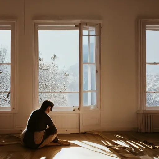 Image similar to person in pyjamas standing near window, sun rays, daylight, big french door window, big spatious room, 2 4 mm, walls left and right, window at the center, wooden floor, modern, pastel palette, winter sun, photorealistic, high ceiling