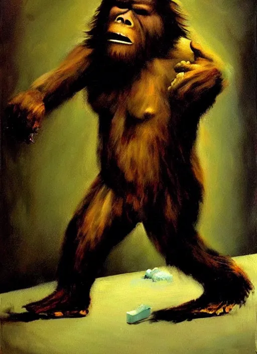 Prompt: raging bigfoot, smoking meth, painting by phil hale, fransico goya, david lynch,'action lines '!!!, graphic style, visible brushstrokes, motion blur, blurry