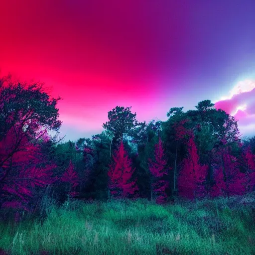 Image similar to A crimson red forest with purple clouds above it. Bright colors, cinematic lighting, other worldly.