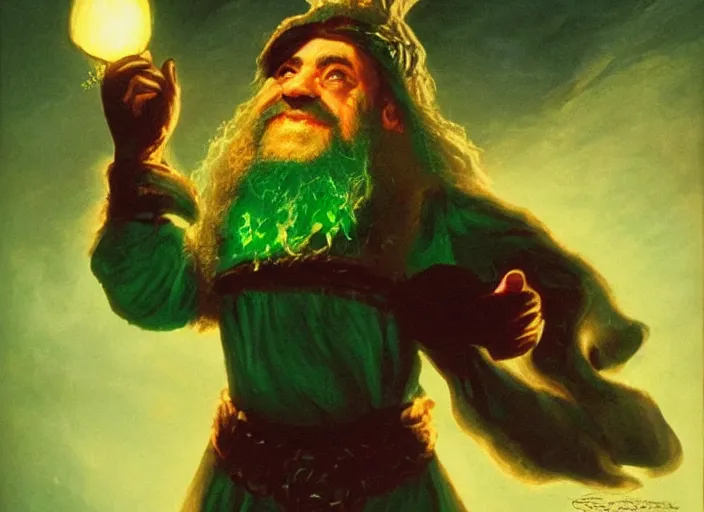 Image similar to a dwarf sorcerer holding a gigantic glowing emerald. dramatic lighting. high fantasy art ( 1 9 8 7 )