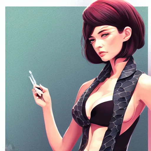 Image similar to cute beautiful decisive girl in jacket suit with snake print over bare skin, elegant, 2d, ultra highly detailed, digital painting, smooth, sharp focus, artstation, pixiv, art by Ilya Kuvshinov