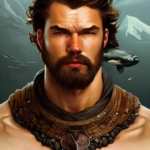 Image similar to portrait of a rugged killer whale warrior, muscular, upper body, hairy torso, D&D, fantasy, intricate, elegant, highly detailed, digital painting, artstation, concept art, matte, sharp focus, illustration, art by Artgerm and Greg Rutkowski and Alphonse Mucha