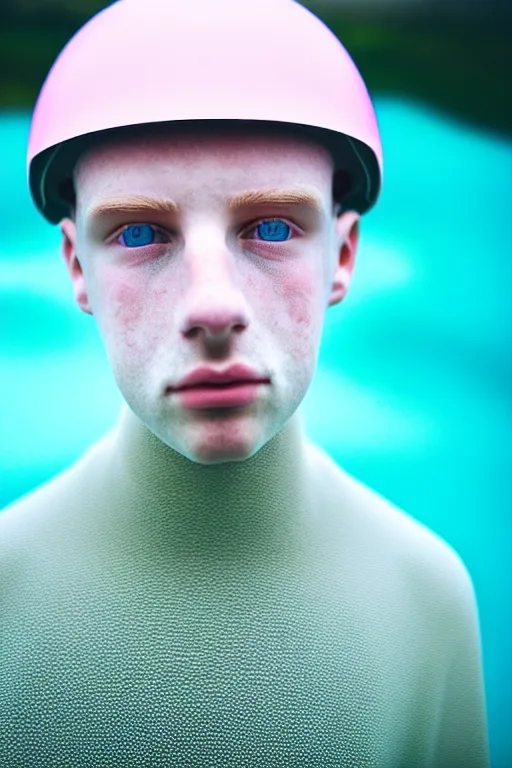 Image similar to high quality pastel coloured film mid angle portrait photograph of a beautiful young 2 0 year old male, soft features, short hair, rubber bike helmet and oversized inflated clothing!!!! icelandic black! rock pool environment. atmospheric three point light. photographic. art directed. ( pastel colours ). volumetric. clearcoat. waves. 8 k. filmic.