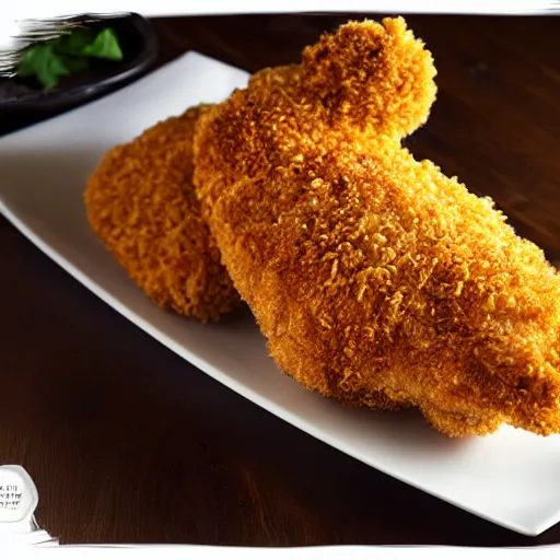 Image similar to breaded chicken with a crown of a king in top of it, hyper realistic, 4k