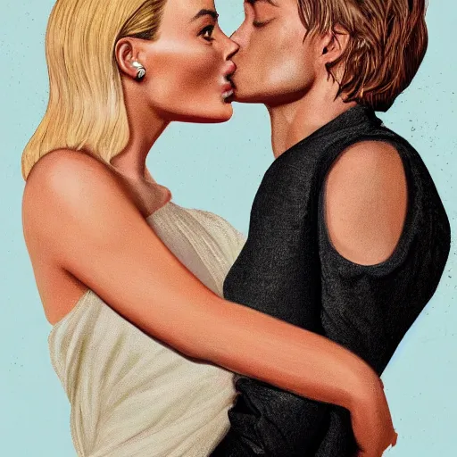 Image similar to a portrait of margot robbie doing a kissing face, highly detailed