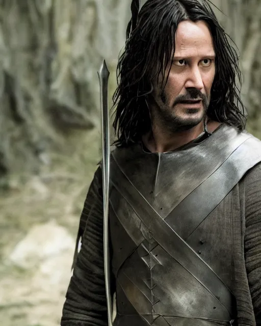 Prompt: Keanu Reevez in the role of Aragorn, film still, amazing short, 8K, IMAX, ultra detailed