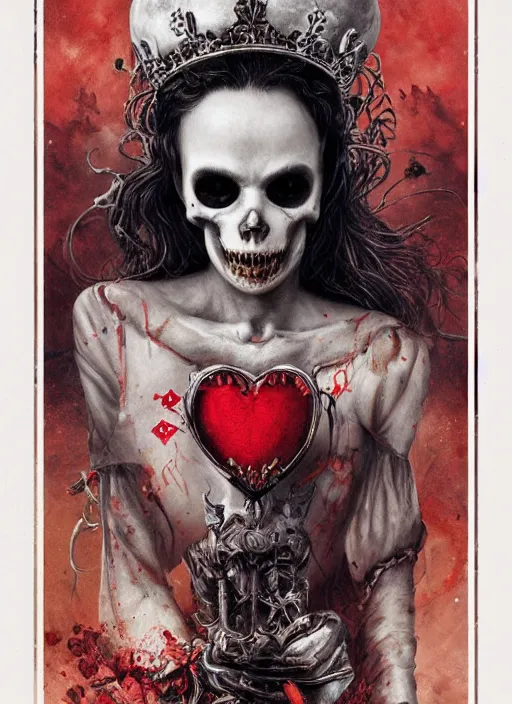 Image similar to Queen of Hearts having tea, Death Tarot card,highly detailed,half skull face,cinematic,8k,by Stanley Artgermm,Tom Bagshaw,Greg Rutkowski,Carne Griffiths, Ayami Kojima, Beksinski, Giger,trending on DeviantArt,hyper detailed,horror, full of colour