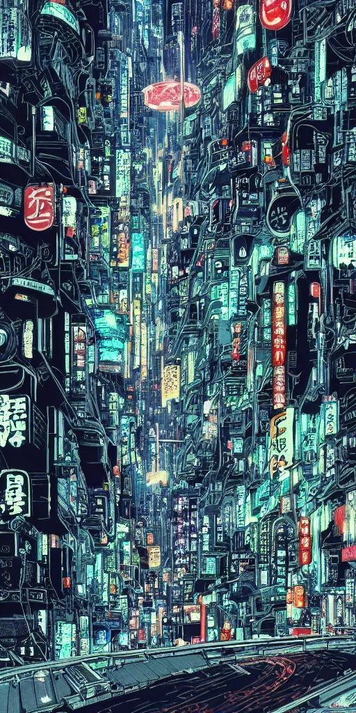 Image similar to beautiful and detailed anime drawing of an AKIRA-like cyberpunk city landscape with light trail from a motorcycle at the bottom and a bridge silhouette at the top, japan at night, 1980s, by Katsuhiro Otomo and mamoru oshii, wide angle, worm\'s eye view, grand, clean, colorful