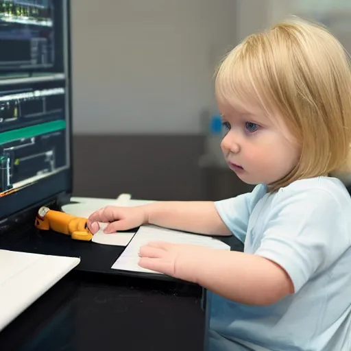 Image similar to a blonde toddler child infant baby girl working CAD computer drafting, civil engineer, sitting at a desk