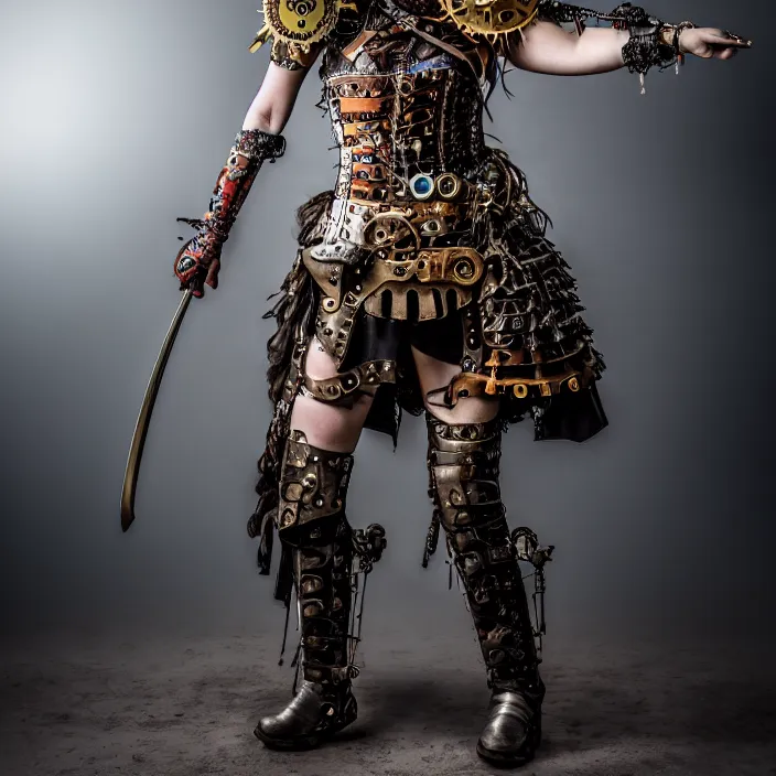 Image similar to full length photo of a real - life beautiful clockpunk warrior, 8 k, hdr, smooth, sharp focus, high resolution, award - winning photo