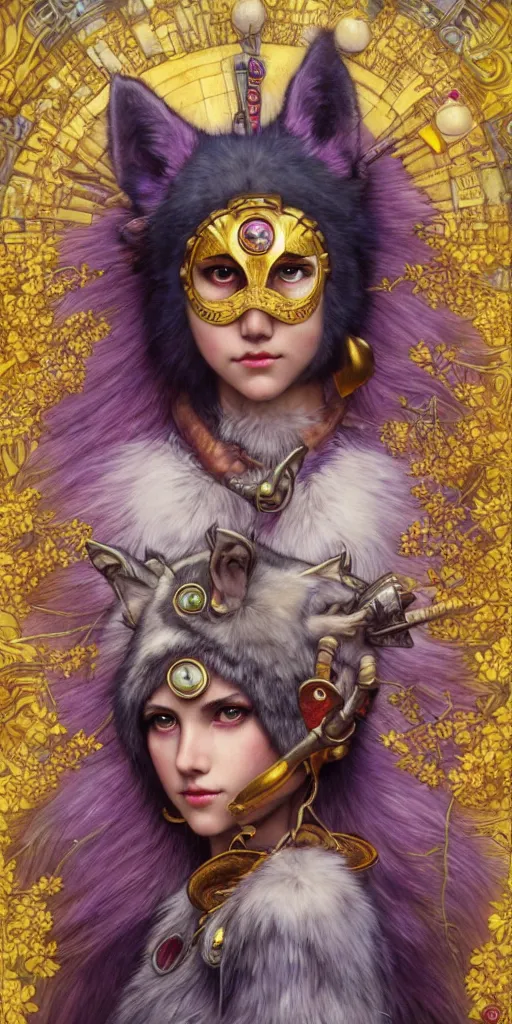 Image similar to hyper realistic Princess Mononoke in her mask, busy metropolis, city landscape, wolves, magic, castle, jewels, style of tom bagshaw, mucha, james gurney, norman rockwell, gems and gold, waterfalls, denoised, sharp, yellow purple colours,