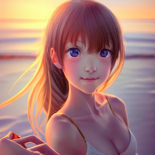 Image similar to beautiful serene intricate very detailed portrait of a realistic anime girl taking a selfie smiling softly, relaxing on the beach, golden hour, soft focus, 8 k, art by irakli nadar, hyperrealism, hyperdetailed, ultra realistic