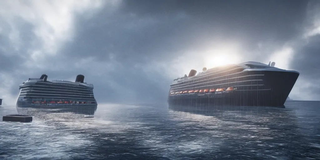 Image similar to cruise ship sinking, dark, thunderstorm unreal engine An epic fantastic realism dinamic lighting