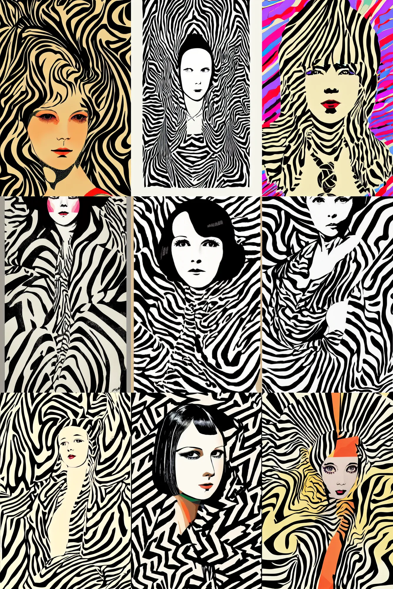 Prompt: vector portrait of 2 2 yeard old mary louise brooks, zebra op art, mcbess, mucha, rainbow