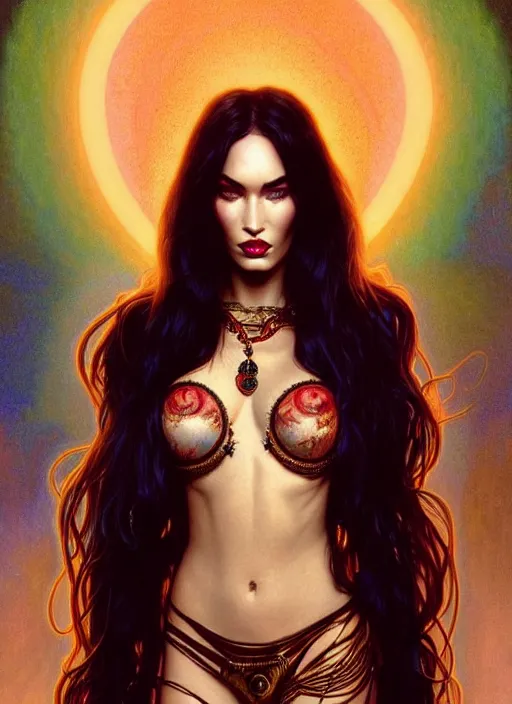 Prompt: an extremely psychedelic portrait of megan fox as a vampire lord, jewelry, greek, ruby, intricate, headshot, highly detailed, digital painting, artstation, concept art, sharp focus, cinematic lighting, illustration, art by artgerm and greg rutkowski, alphonse mucha, cgsociety